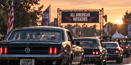 Mustang van achteren bij zonsondergang, onder het spandoek van All American Weekend