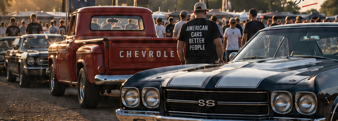 Rij Amerikaanse wagens met vlaggen in tegenlicht: een rode Chevrolet-pickup naast een zwarte muscle car met SS-embleem