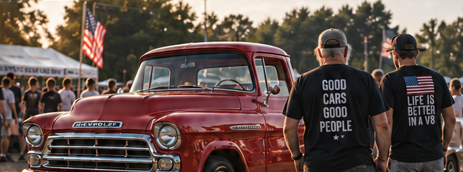 Rode Chevrolet-pickup met twee bezoekers in shirts met de tekst “Good cars, good people”