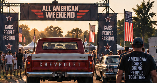 Toegangspoort met het spandoek van All American Weekend, vlaggen en een rode Chevrolet-pickup