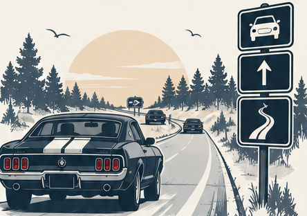 Getekende muscle car op een bosweg langs wegwijzers
