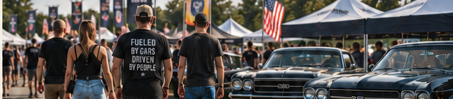 Bezoekers tussen de tenten en vlaggen, met een donkere Chevelle op de voorgrond