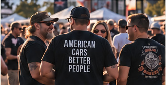 Bezoekers in shirts met autoprints, in gesprek op het terrein