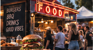 Foodtruck met verlicht menubord en bezoekers ervoor