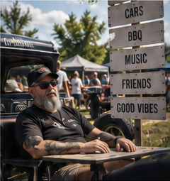 Bezoeker aan een tafel bij een pickup, met handgeschreven borden: cars, bbq, music, friends, good vibes