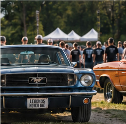 Donkere Mustang met de nummerplaat “Legends never die” tussen het publiek