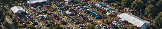 Het terrein vanuit de lucht met tenten en parkeerrijen