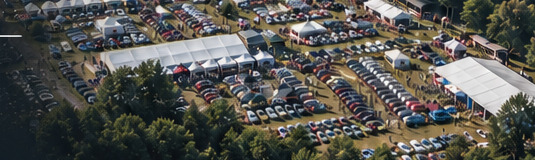 Het terrein vanuit de lucht: witte tenten tussen lange rijen geparkeerde wagens